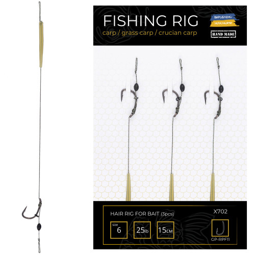 Готові повідці з волосом на кільці для насадок діаметром 16-20мм з підсадкою GP-RPF11 Д-15см / Г-№6 Wide Gape / 25LB  / УП-3шт